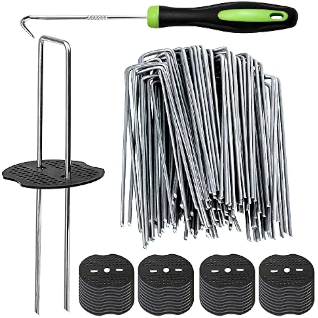 Bakulyor 150 Weed Control Membrane Pegs + 150 Buffer Washer, 6"/150mm Metal Garden Landscape Staples, Artificial Grass Pins, Ground Cover Mossing Fabric Barrier Accessories