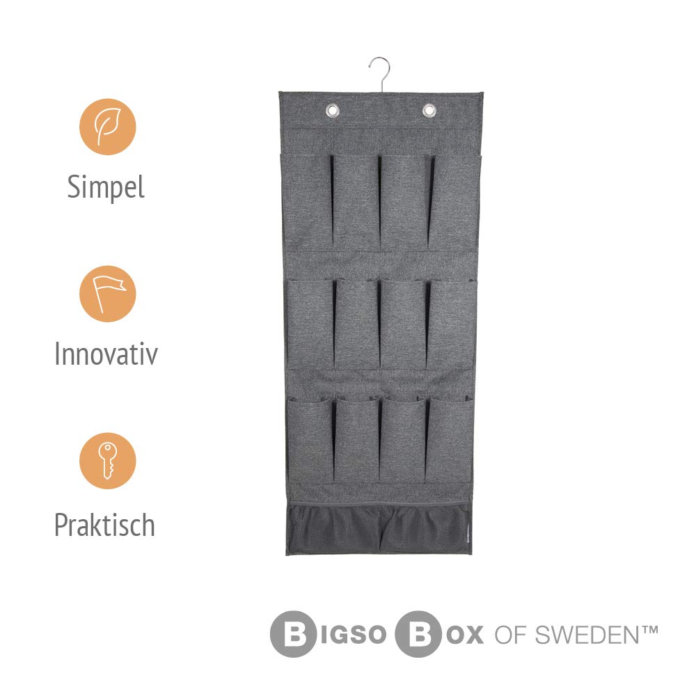 Bigso Box of Sweden Hanging Storage Organiser with 12 Storage Compartments - Hanging Storage for Wardrobe with Hook and Metal Eyelet Fastening