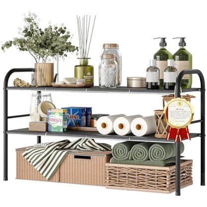 NETEL Expandable Under Sink Storage, 2 Tier Under Sink Storage with 8 Plates,Metal Side Bracket,Kitchen Cupboard Organiser, Extendable Shelf for Cupboard, Kitchen Shelf Organiser,Width 52-82cm