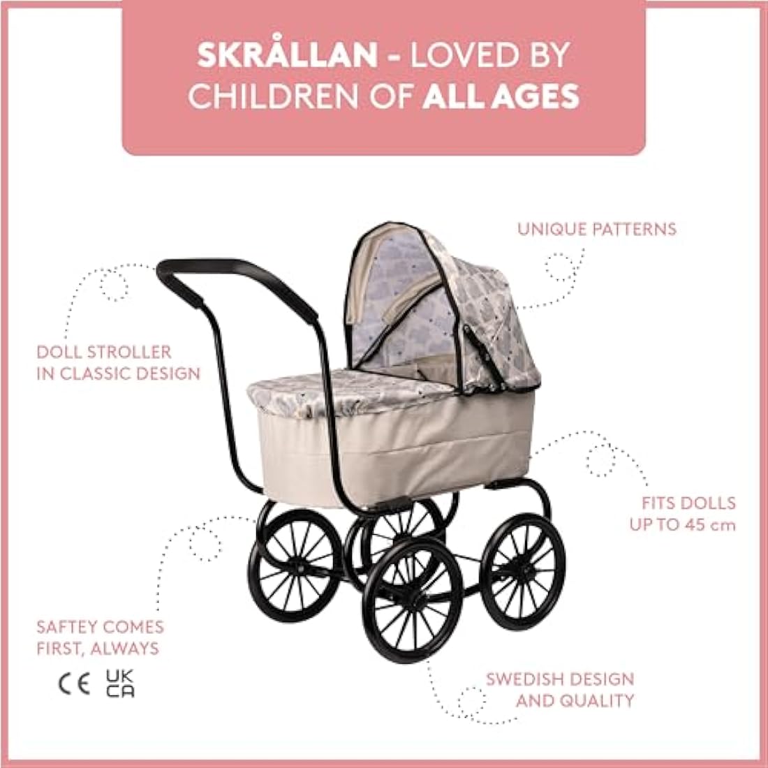 Skrållan Classic Dolls Pram – Sturdy Toddler Toy Stroller, Go for a Safe Walk, Nostalgic Baby Doll Pram, Toy Prams, Baby Doll Accessories, Lovely Swedish Design, Dolls Accessories for 3 Year Old