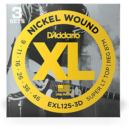 D'Addario Electric Guitar Strings, XL Nickel, EXL125-3D, Super Light Top/Regular Bottom Gauge 9-46, 6-String Set, Pack of 3