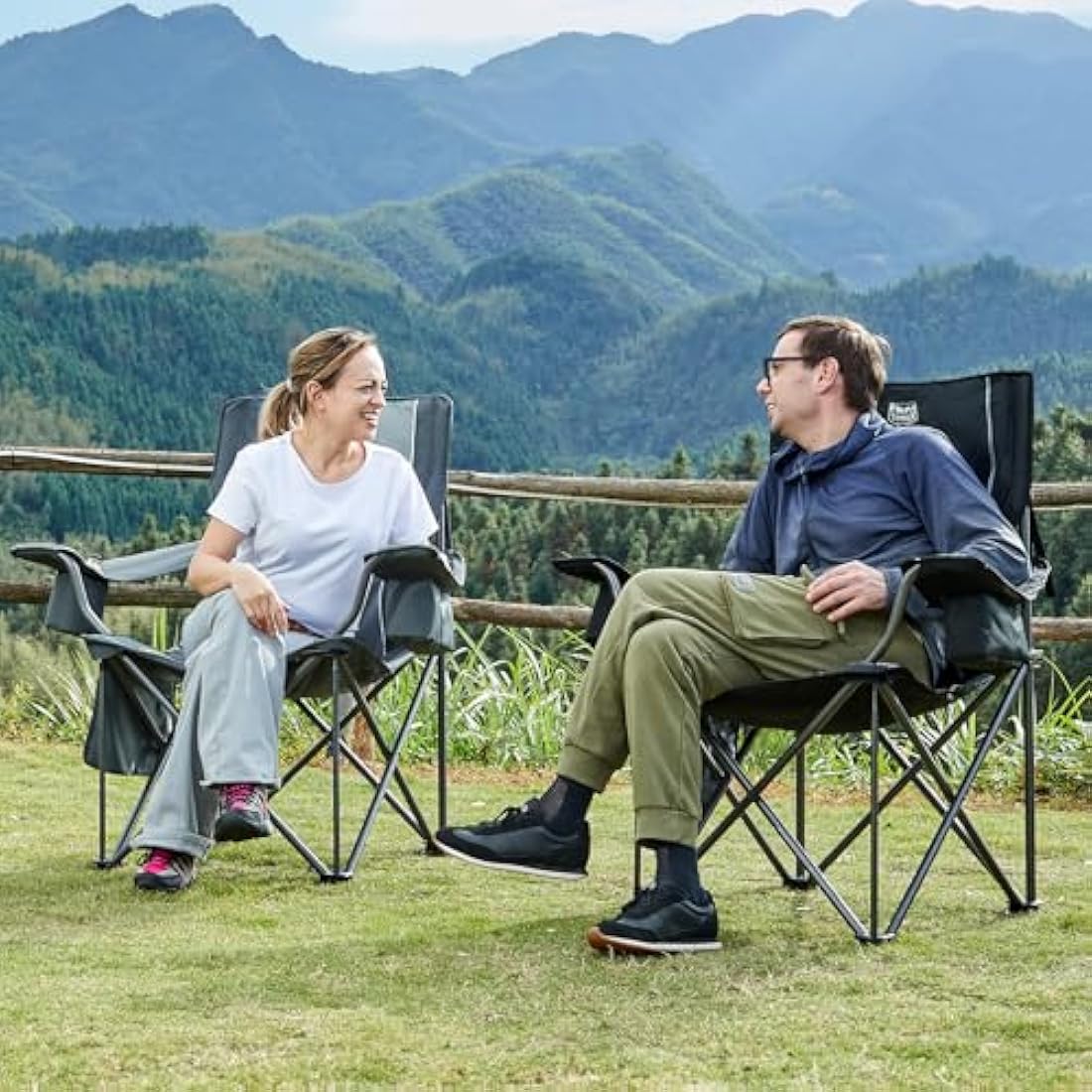 TIMBER RIDGE Camping Chairs for Adults Heavy Duty 200kg Oversized, Padded Folding Chair with Cup Holder and Cooler Bag Comfy for Outdoor Picnic Fishing Garden, Lightweight and Portable (Black- 2PCs)