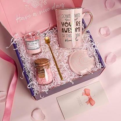 Birthday Gifts for Women Pamper - Inspirational Thank You Gifts for Her, Relaxation Spa Gift Hamper for Ladies, Self Care Bath Set with Scented Candle, 14oz Coffee Mug, Greeting Card, Elegant Gift Box