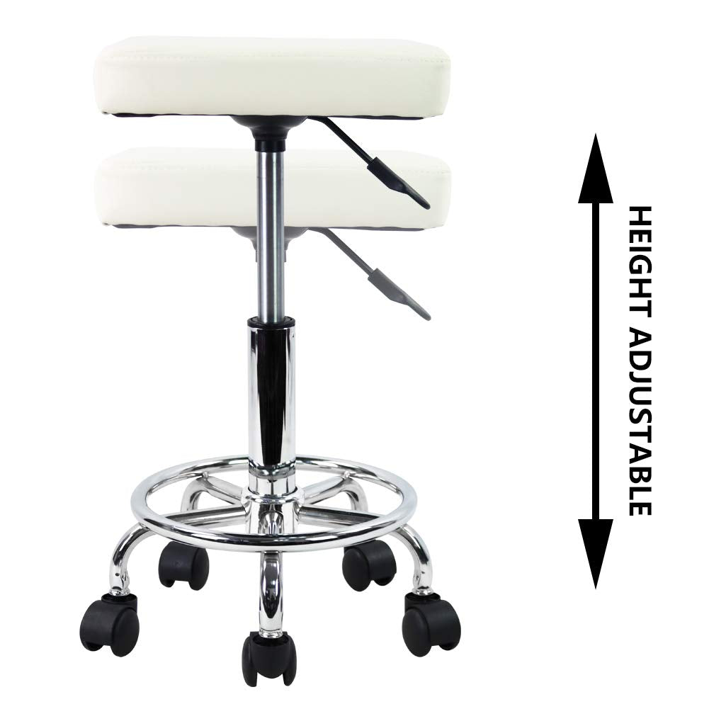 KKTONER Square Rolling Stool PU Leather Height Adjustable Swivel Massage SPA Salon Stools Task Chair with Wheels (White)