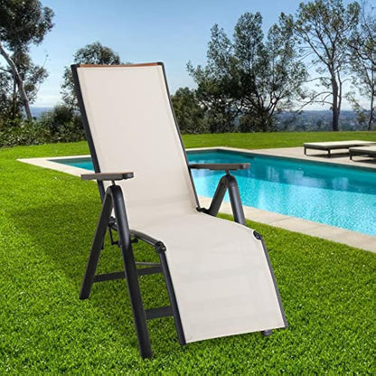 Grand patio Foldable Sun Lounger, Reclining Garden Chair, Aluminium Camping Chairs, Adjustable 6 Position High Backrest, Deck Chair for Garten, Outdoor, Poolside Beige