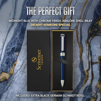 Scriveiner Midnight Blue Ballpoint Pen - Stunning Blue Lacquer Luxury Pen, Chrome Finish, Schmidt Black Refill, Best Ball Pen Gift Set for Men & Women, Professional Executive Office, Nice Designer Pen