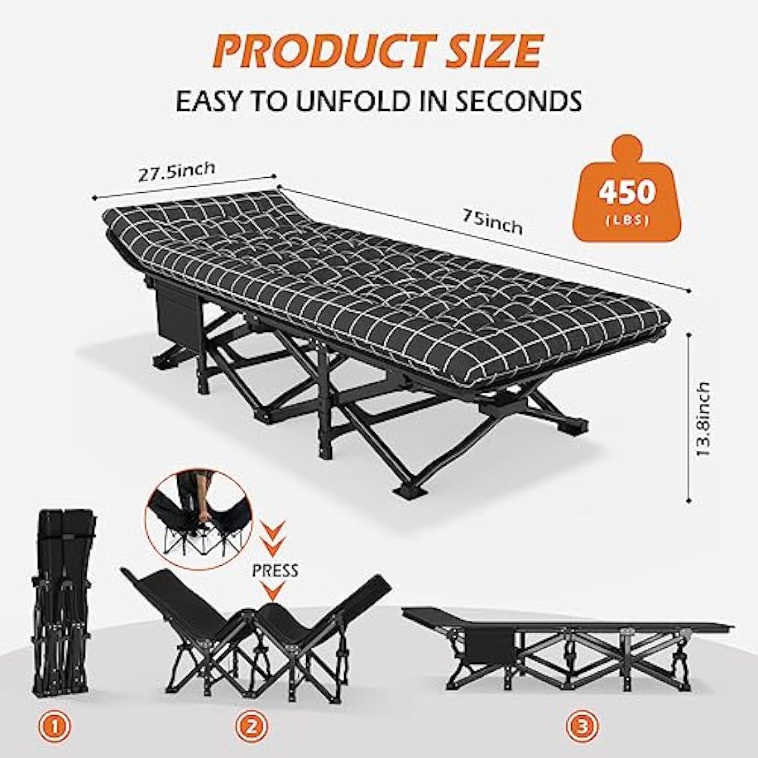 ATORPOK SHOP Camp Beds for Adults with Cushion, Comfortable Travel Camping Cot for Sleeping, Portable Tent cot with Carry Bag Supports 450 lbs (Black)