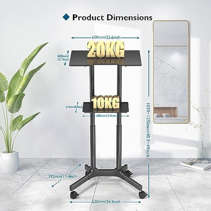 BONTEC Adjustable Mobile Laptop Desk, Rolling Stand-Up Desk with Wheels, 60x40 cm Height Adjustable, Portable Podium, Ergonomic Tilted Top Platform, Mobile Workstation for Home Office