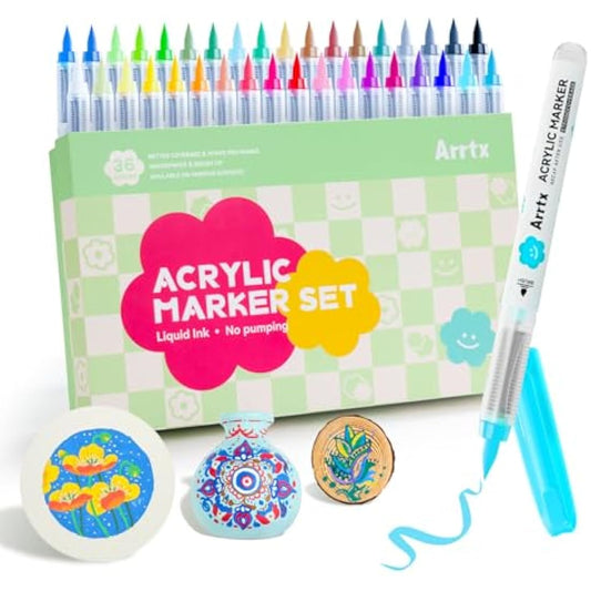 Arrtx 36 Colors Acrylic Paint Pens for Rock Painting, Brush Tip Acrylic Pen, Acrylic Markers, Waterproof Paint Marker, Art Supplies for Stone, Glass, Egg, Wood, DIY Crafts