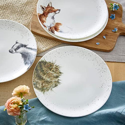 Wrendale Designs Royal Worcester Ceramic Plate in Two Sizes Hedgehog Badger Fox and Owl Set of 4 (26 CM Dinner Plate)