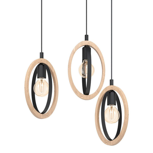 Eglo Pendant lamp Basildon, 3-Light Hanging lamp Vintage, Industrial, Retro, Made of Steel and Wood in Black, Natural, Dining Table lamp, Hanging