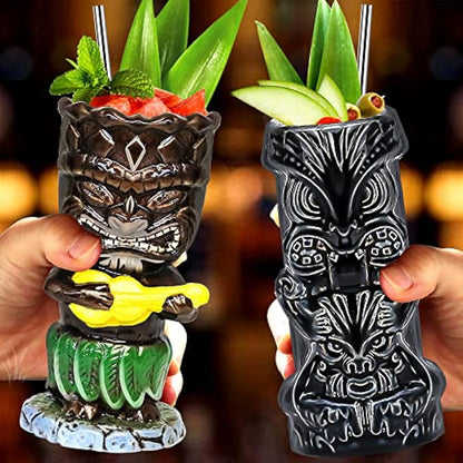 Tiki Mugs Glasses Mug for Cocktails Set of 4 Large Ceramic Tropical Cups Hawaiian Party Creative Cocktail Glass Drinks Bar Drinkware Premium Tropical Exotic Cute Barware 4 Packs