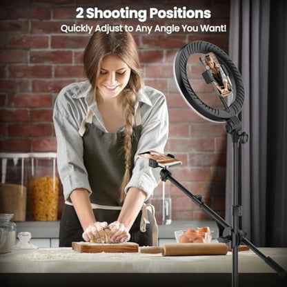 LUXSURE 10.5" Ring Light with Tripod Stand & Phone Holder, Overhead Phone Mount with 2 Shooting Positions, Tripod for iPhone with Ring Light for Video Recording/Live Streaming/Cooking