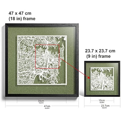 O3 DESIGN STUDIO Sydney Paper Cut Map framed, White map, Black frame, 9x9 inches, Gift Boxed, 4 background color, self-changing, Paper Art
