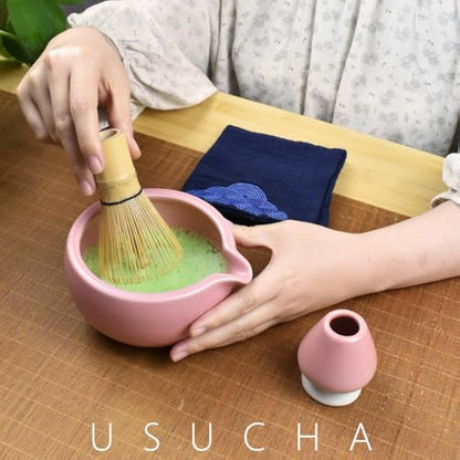 Artcome 7 Pcs Complete Matcha Tea Ceremony Kit - Bowl, Whisk, Scoop, Strainer, Powder, Set for Usucha, Koicha, Latte (Pink)