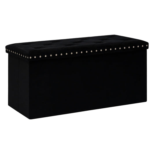 Bonlife Velvet Ottoman with Storage,Large Storage Boxes with Lids,Folding Ottoman Bench Seat,Footstool for Living Room,76x38x38cm,Black
