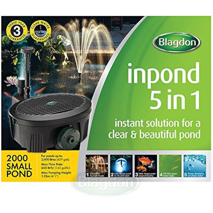 Blagdon Inpond 5-in-1 2000 Easy Care Clean Pond Solution, 10w Pond Pump & Filter with UV Clarifier for Algae Control and Clear Water, LED Light, 3 Fountain Heads, for Ponds Up to 2,000L, Black