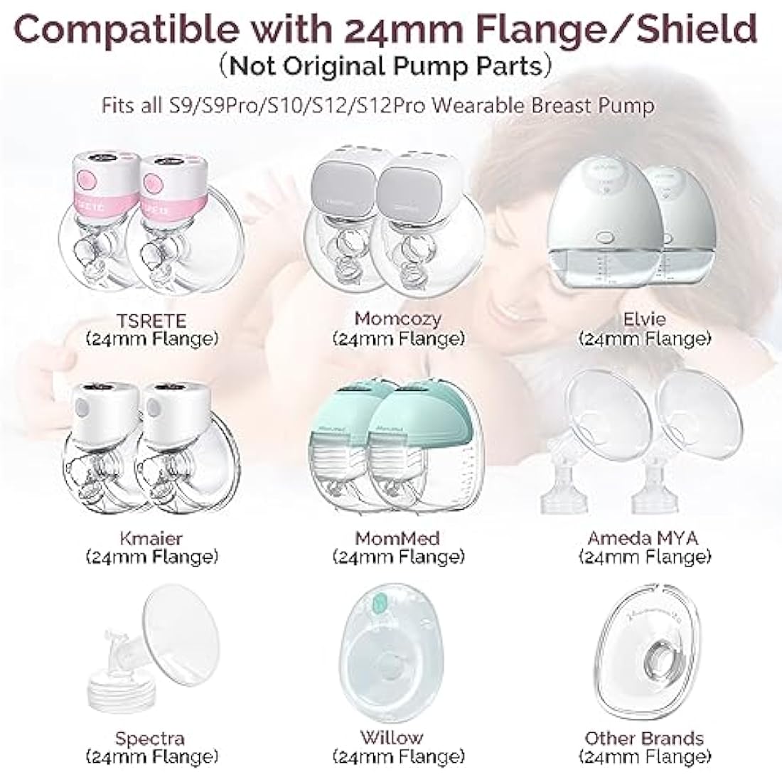 semai Flange Inserts 13mm Breast Pump Parts Compatible with Medela/Momcozy S12 Pro/S9 Pro/S12/S9/Spectra/Elvie 24mm Breast Pump Shields/Flanges, Reduce 24mm Nipple Tunnel Down to Correct Size, 4PCS