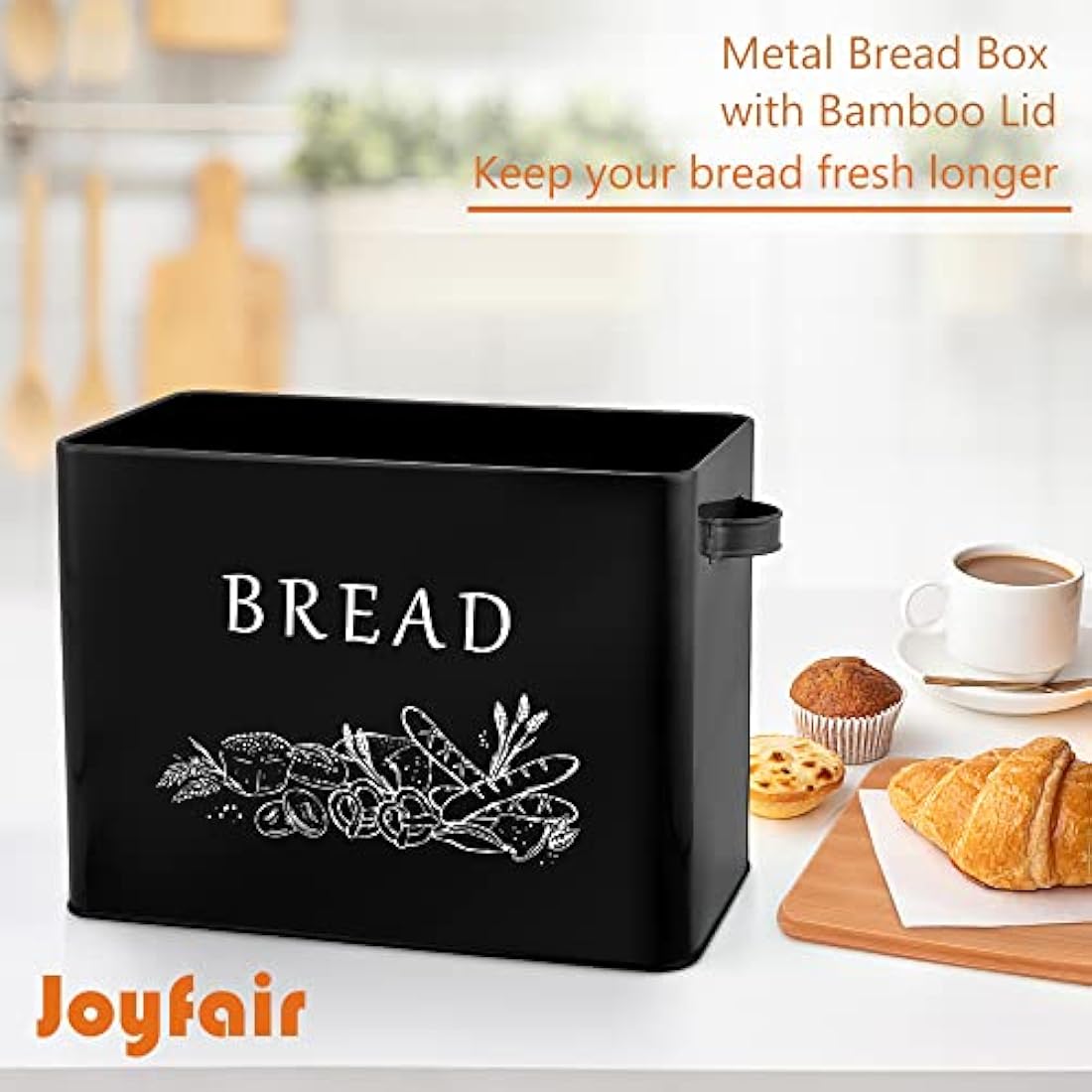 Joyfair Bread Bin, Metal Bread Box with Bamboo Cutting Board Lid, Extra Large Loaf Holder for Kitchen Countertop, Vintage Storage Container fit 2 Loaves, Space Saving & Farmhouse Style, Black