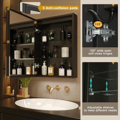 KWW 50 x 70 cm LED Lighted Bathroom Medicine Cabinet with Mirror, Defogger, Dimmer, 3 Color Light Makeup Mirror, Easy to Install, Wall Mounted Medicine Cabinet without Socket & USBs