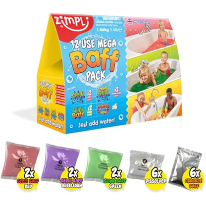 Zimpli Kids 12 Use Mega Value Baff Pack, 4 x Gelli Baff, 2 x Slime Baff & 6 x Crackle Baff, Children's Bath Toy, Sensory Birthday Present for Boys & Girls