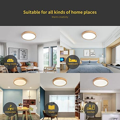 Schindora Wooden LED Ceiling Light,20W Warm White 3000K 1600 LM,Round Wood Ceiling Lights Ø30cm for Lounge Living Room Kitchen Dining Room Hallway Home Office Children's Room