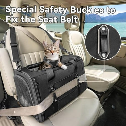 Petsfit Cat Carrier Car, Small Dog Carrier with Upgraded Patented Car Buckle Soft Sided Pet Carrier for Puppy, 4 Side Ventilated with Adjustable Shoulder Straps and Soft Cushion,Black