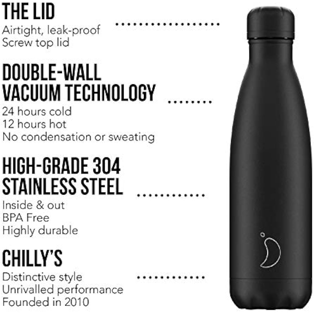 Chilly's Water Bottle - Stainless Steel and Reusable - Leak Proof, Sweat Free - All Black - 260ml