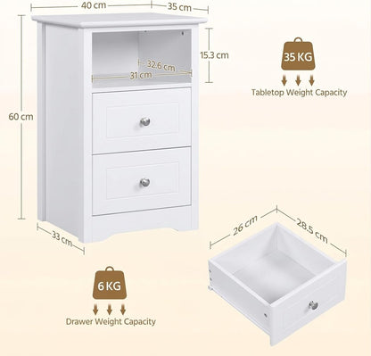 Yaheetech Set of 2 Bedside Tables with 2 Drawers and Open Shelf, White