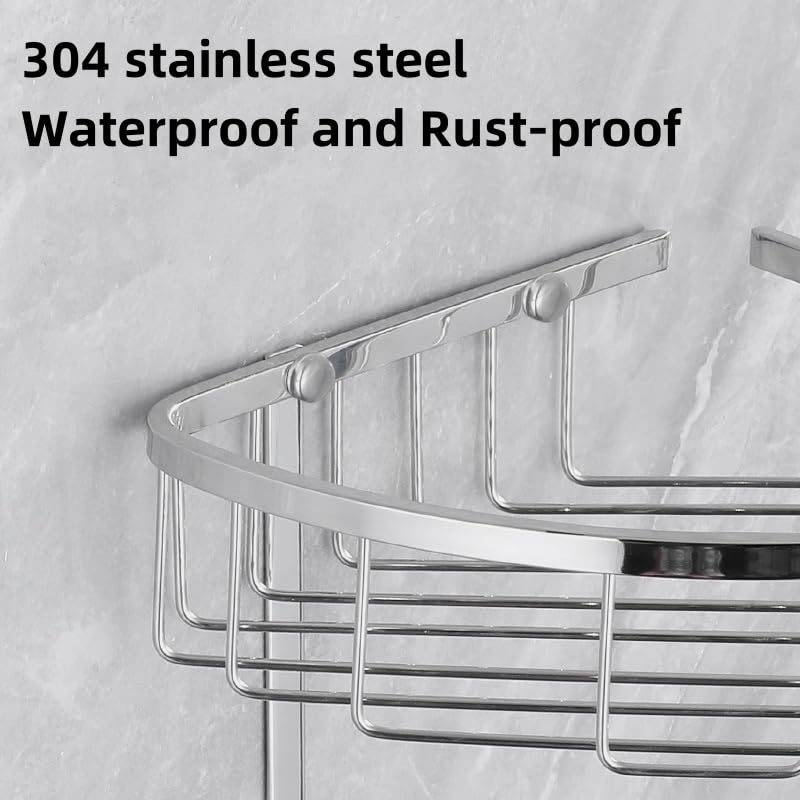 BRAVECOW SUS304 Stainless Steel Shower Caddy, 2-Tier Corner Shelf Organizer Rustproof Bathroom Storage, No Drill Hanging, Holds 8+ Toiletries