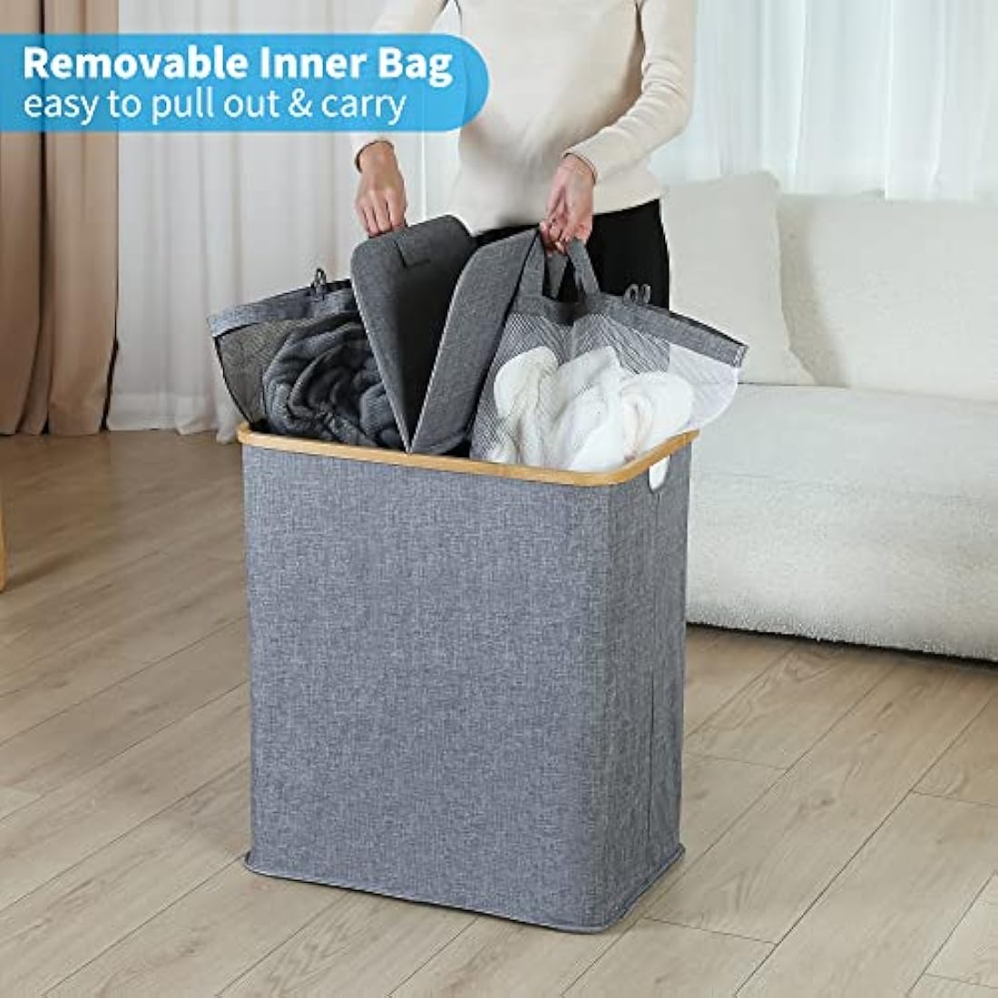 Efluky 140L Large Divided Wash Basket with Lid, 2 Section, Blue-grey