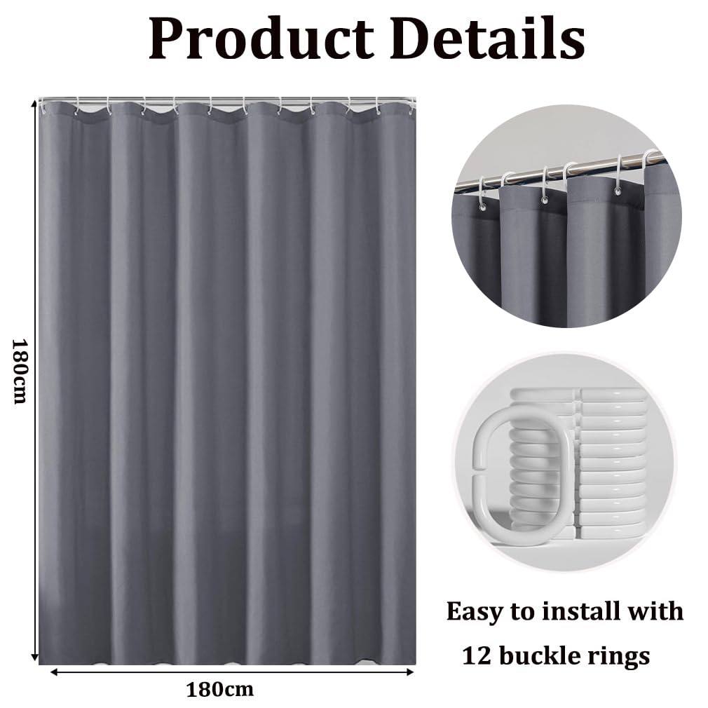 Shower Curtain, Mould Proof Resistant and Waterproof Washable Polyester Fabric with 12 Hooks, Quick Dry, Shower Curtain for Bathroom, Wet Rooms