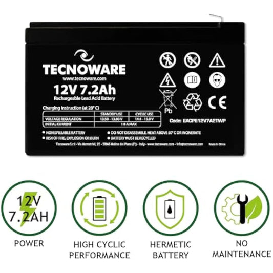 Tecnoware Power Systems - 12V Charge 7.2 Ah Lead-Acid Sealed Battery, for UPS, Video Surveillance and Alarm Systems, 2.5 Inch Faston Connection, Long Lasting, No Maintenance, Bianco, Size 7.2 Ah