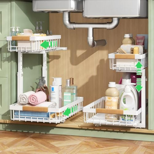 Kitstorack 2 Pack Under Sink Storage, 2 Tier Metal Pull Out Kitchen Under Sink Organiser, Under Cupboard Storage for Kitchen Bathroom Cabinet Organization Rack,White