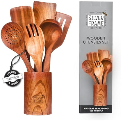 Silver Frame Wooden Spoons for Cooking, Utensils Set with Kitchen Holder -7 pcs of Teak Wood Cooking Utensils Set, Wooden Kitchen Utensils for Nonstick Pans and All Kind of Cooking
