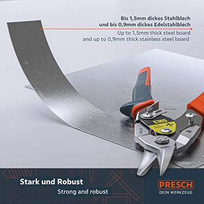 Presch Tin Snips Straight Cut - Heavy Duty Aviation Snips - Drywall Construction Tool for CW and UW Mouldings, Metal Cutting, etc. - Tin Cutter with Lever Transmission