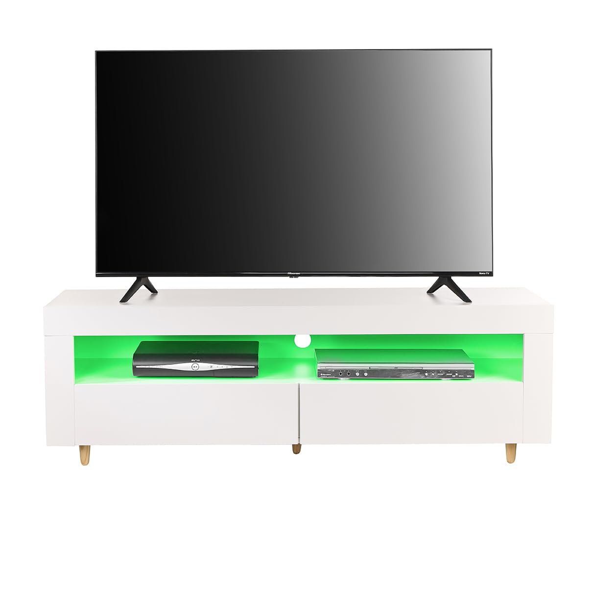 White TV Stand Cabinet, 140cm, with Lights, Soundbar Shelf, Storage Cupboards for 42", 50" 55" TV's, Modern Living Room Furniture