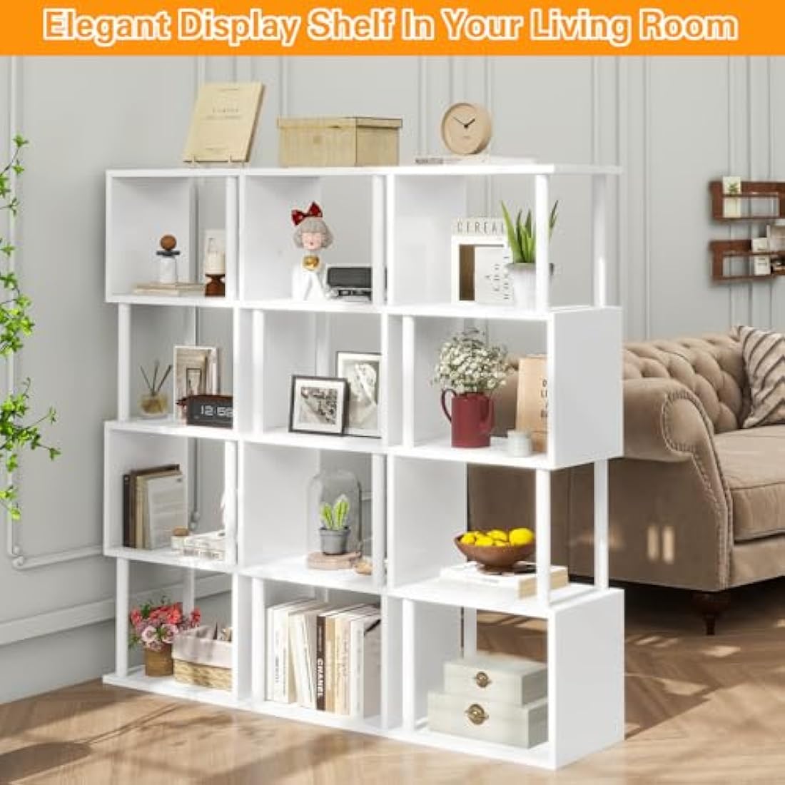 IBUYKE 5/6-Tier Tall Bookshelf,S-Shaped Geometric Bookcase, Wood Display Shelves With Storage,Modern Bookshelf for Living Room Bedroom, Home Office, White WBC015W