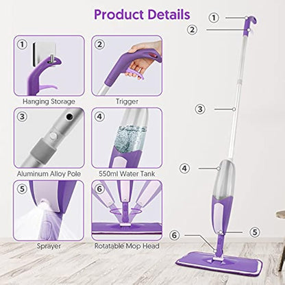 SEVENMAX Spray Mops for Cleaning Floors - Microfibre Floor Mop with 3PCS Washable Pads 550ML Refillable Bottle Kitchen Dust Dry Wet Mop for Cleaning Hardwood Laminate Wood Ceramic Tiles