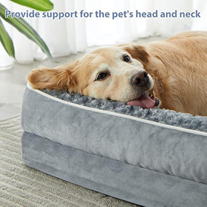 BFPETHOME Large Orthopedic Dog Bed - Big Waterproof Sofa Dog Bed with Removable Washable Cover, Grey, 42"L x 30"W x 7.5"Th