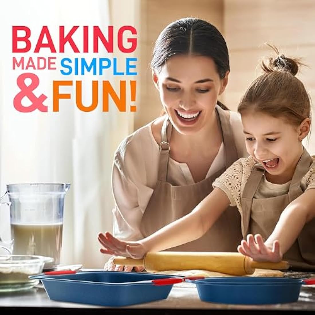 NutriChef Baking Tray Set, Oven Bakeware Trays, 8 Piece Non-Stick Oven Safe - Baking Sets, Includes: Cookie Sheets Pan, Loaf Pan, Pizza Pan, Muffin Tins, Cake Tin, Blue w/ Red Silicone Handles