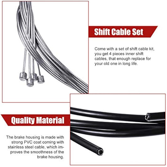 4 Pack Bike Brake Gear Shifter Cable Kit, Universal Bicycle Change Cable Bike Shift Cable and Transmission Cable, Bicycle Cycling Shifter Cable Housing Kit for Mountain Road Bike Repair, Black