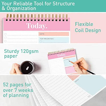 S&O Daily Planner Notepad for Productivity - 52 Page Routine Journal- Undated Writing pad and Organizer – Everyday To-Do List Action list - Coiled Regular Task Checklist- PINK