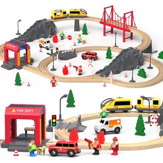Giant bean Wooden Train Set 72 PCS, Wooden Train Tracks & Train Toys, Toddler Model Train Set, Toy Railway Kit for Kids Age 3 4 5 Year Old,Gift for Boys and Girls (Fire Station Theme)