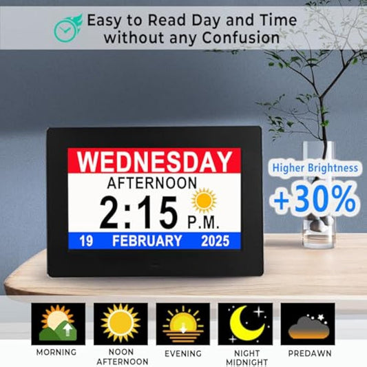 Véfaîî Newest,Dementia Clock 2.0 with Auto DST, 20 Custom Reminders, Day Clock with Sun/Moon icons for Elderly, Sleep Trainer, 7" with Remote & HD Picture Frame