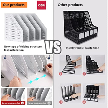 Sivelike A4 File Holder Folding Bookshelf,1 Year Warranty,4 Vertical Compartments magazine file holder,Desk Organizer Document Folder for Office Organization and Storage (Dark gray)