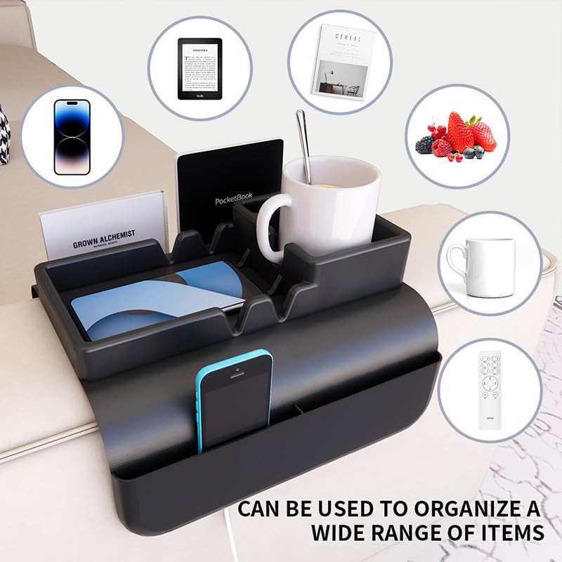 Hosoncovy Silicone Armrest Cup Holder Tray Drink Holder Couch Caddy with Side Pockets for Sofa Couch Arm Chair Recliner,Armrest Remote Control and