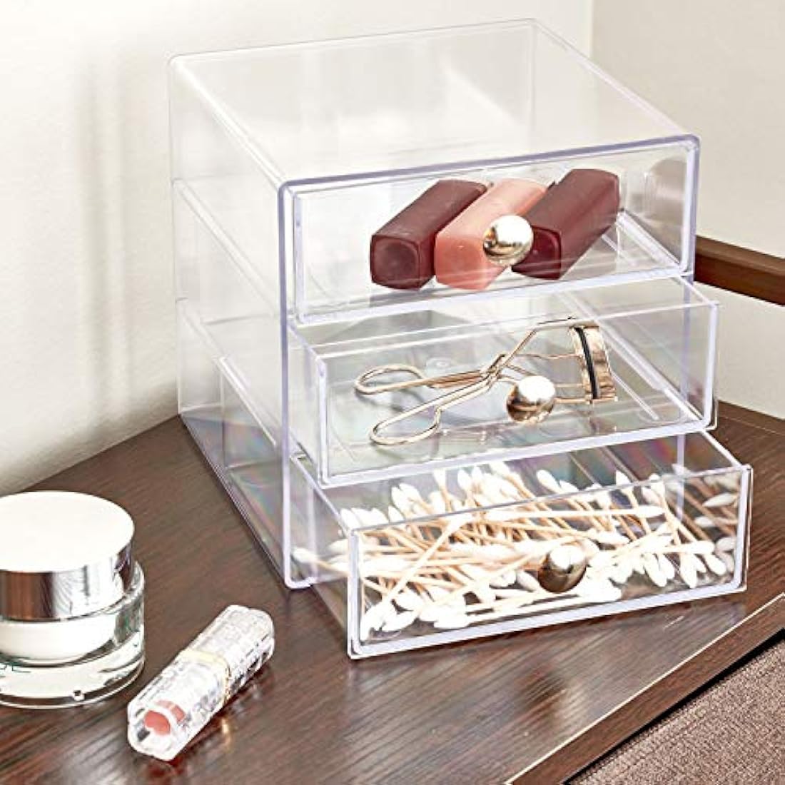 iDesign 35300 Makeup Organiser with Three Drawers, Sturdy Plastic Storage Box for Makeup, Accessories, Jewelry and More, Compact Dressing Table Organiser, Clear