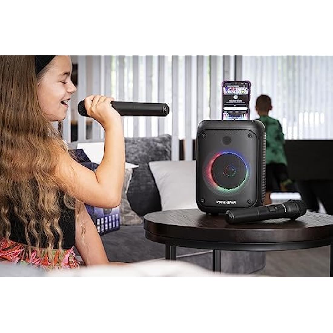 Vocal-Star VS-275 Karaoke Machine with 2 Wireless Microphones, Portable Bluetooth Speaker with phone holder, 80w Speaker, Light Effects, Records Singing, TWS, AUX, Rechargeable