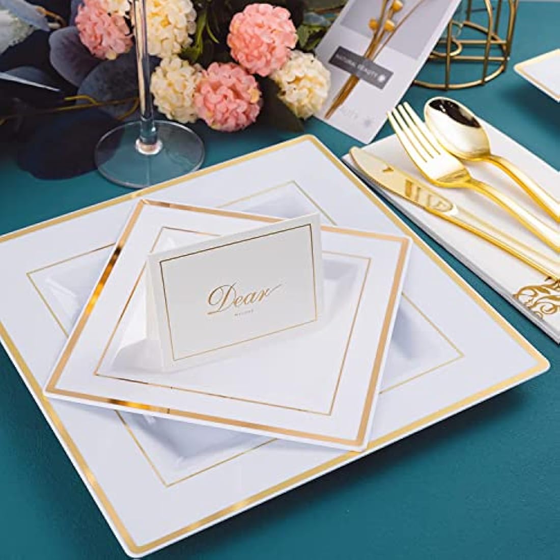 Square Dishes Plates Cups Cutlery for 25 on Special Occasions,175 Pieces of Reusable Plastic Dinnerware for Dinners, Birthdays, Valentines, Parties, Easter, Weddings, Summer Celebrations (Gold)